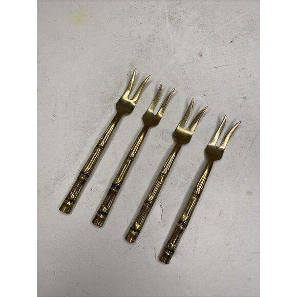 Thailand Nickelbronze Appetizer Cocktail Forks & Spoon Bamboo Design Set of 5 - Picture 4 of 12